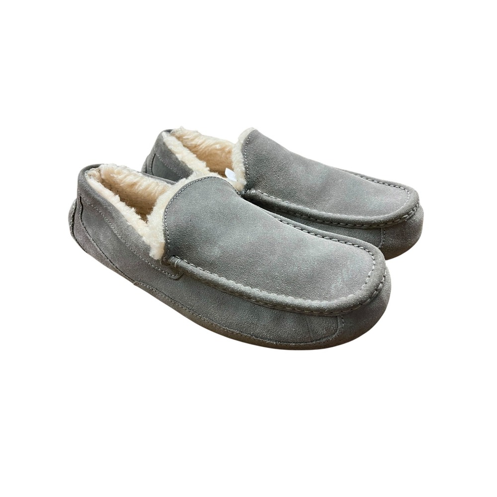 UGG Ascot Suede Slippers Mens 12 Grey Moccasins Sheepskin Dorm Comfy Cozy
